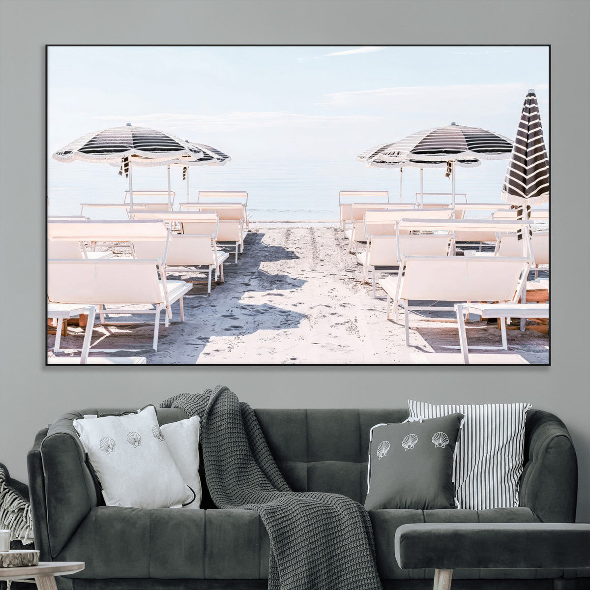Minimalist Beach Wall Art Canvas Print, Framed Pastel Sand and Striped Umbrella Artwork