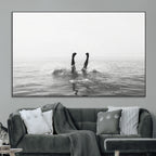 Black White Ocean Wall Art Canvas Print, Framed Monochrome Diving into Water Artwork