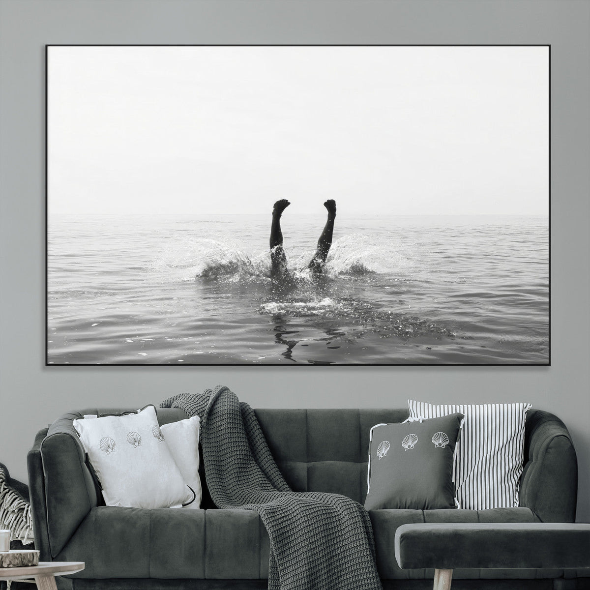 Black White Ocean Wall Art Canvas Print, Framed Monochrome Diving into Water Artwork