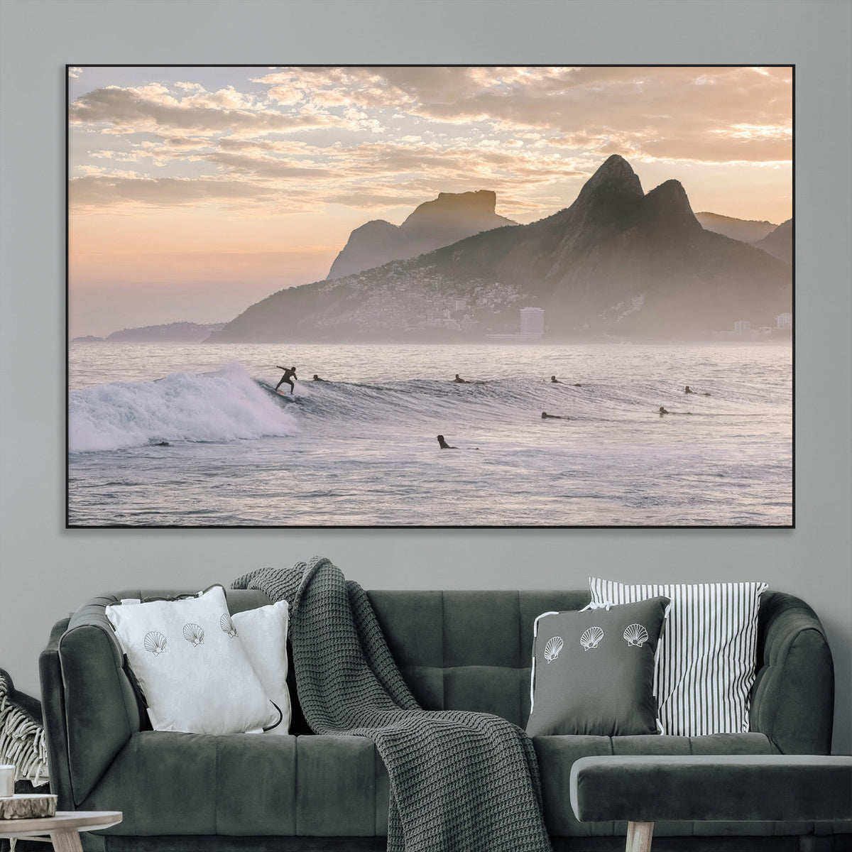 Sunset Surfing Wall Art Canvas Print, Framed Misty Mountains and Surfer Riding a Wave