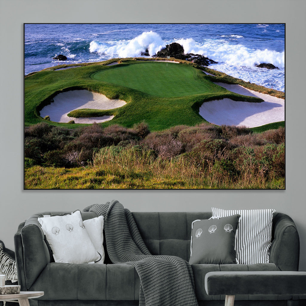 Ocean Cliff Golf Course Wall Art Canvas Print, Waves Crashing, Coastal Golf Landscape