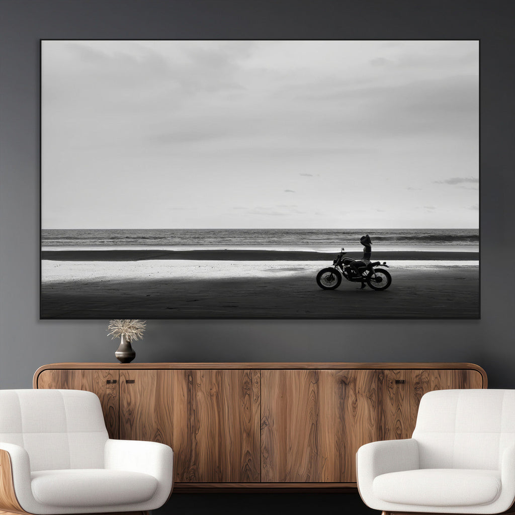 Motorcycle Beach Wall Art Canvas Print, Framed Vintage Biker Silhouette Artwork