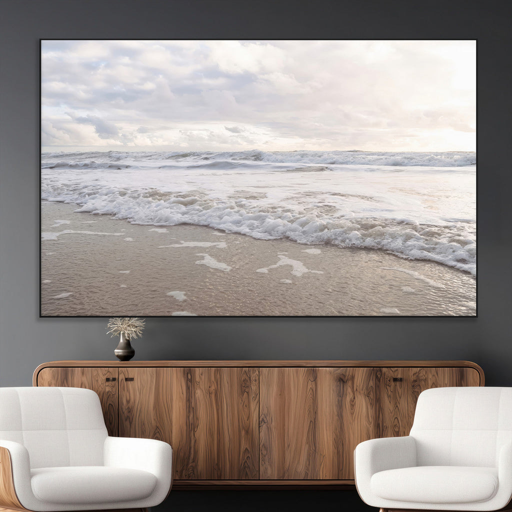 Ocean Waves Wall Art Canvas Print, Framed Coastal Shoreline Sea Foam Artwork
