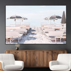 Minimalist Beach Wall Art Canvas Print, Framed Pastel Sand and Striped Umbrella Artwork