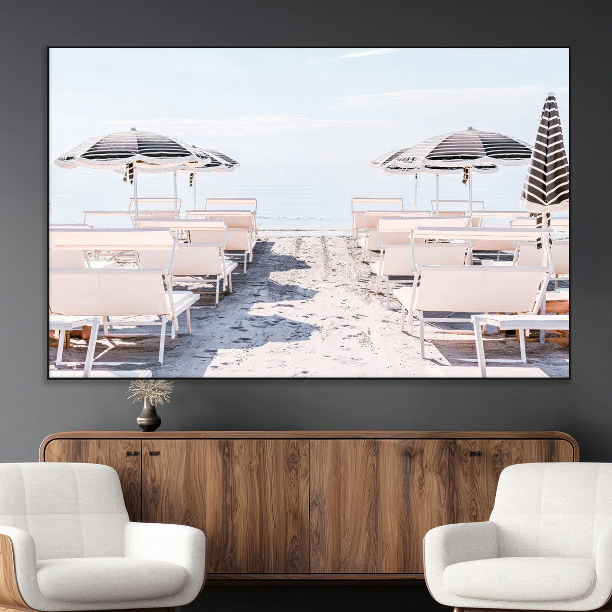 Minimalist Beach Wall Art Canvas Print, Framed Pastel Sand and Striped Umbrella Artwork