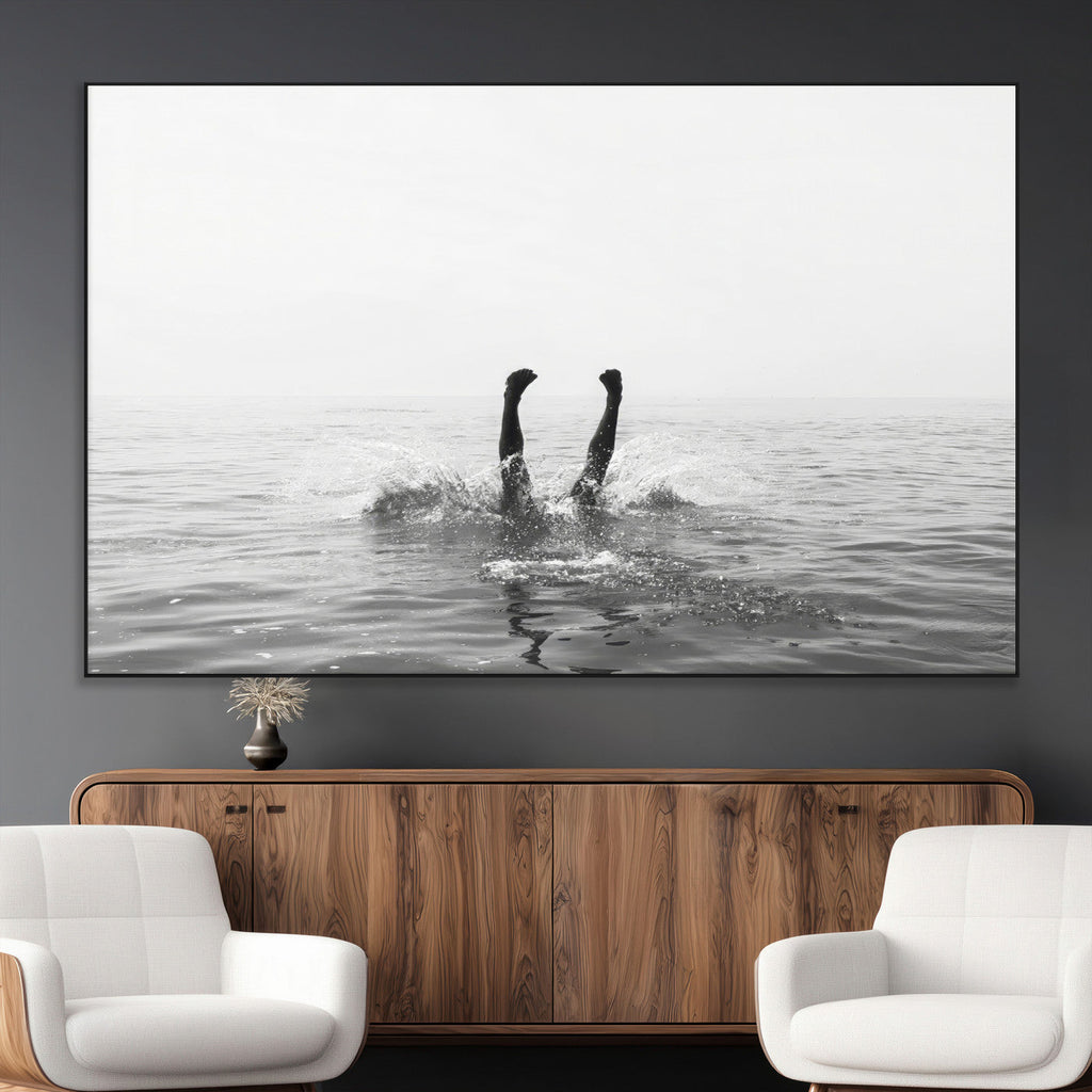 Black White Ocean Wall Art Canvas Print, Framed Monochrome Diving into Water Artwork