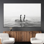 Black White Ocean Wall Art Canvas Print, Framed Monochrome Diving into Water Artwork