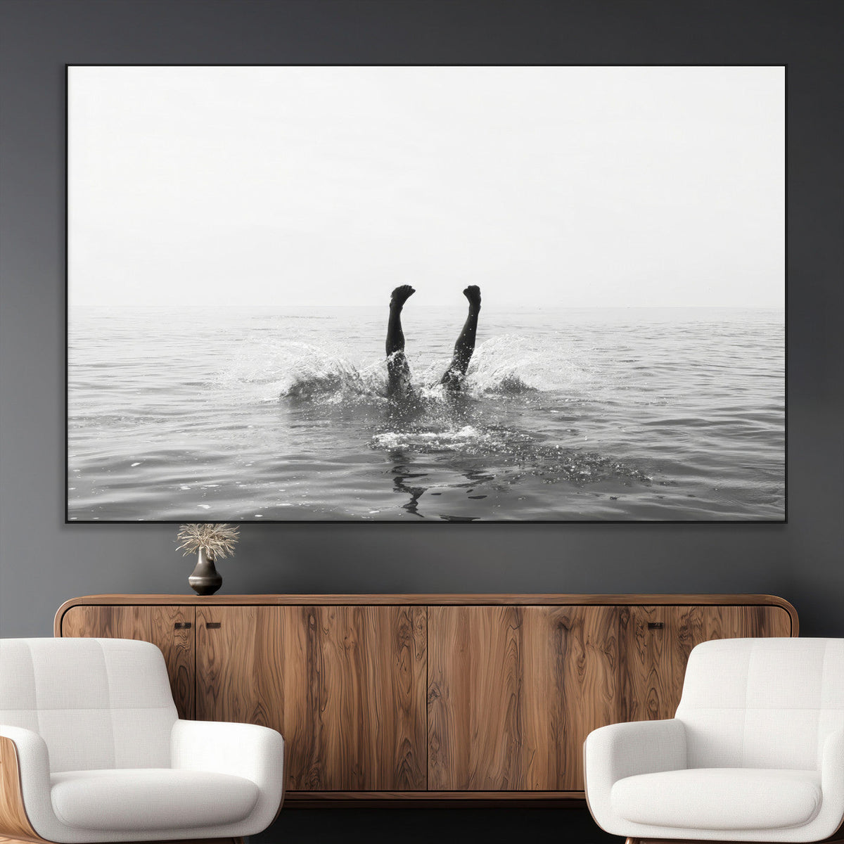 Black White Ocean Wall Art Canvas Print, Framed Monochrome Diving into Water Artwork