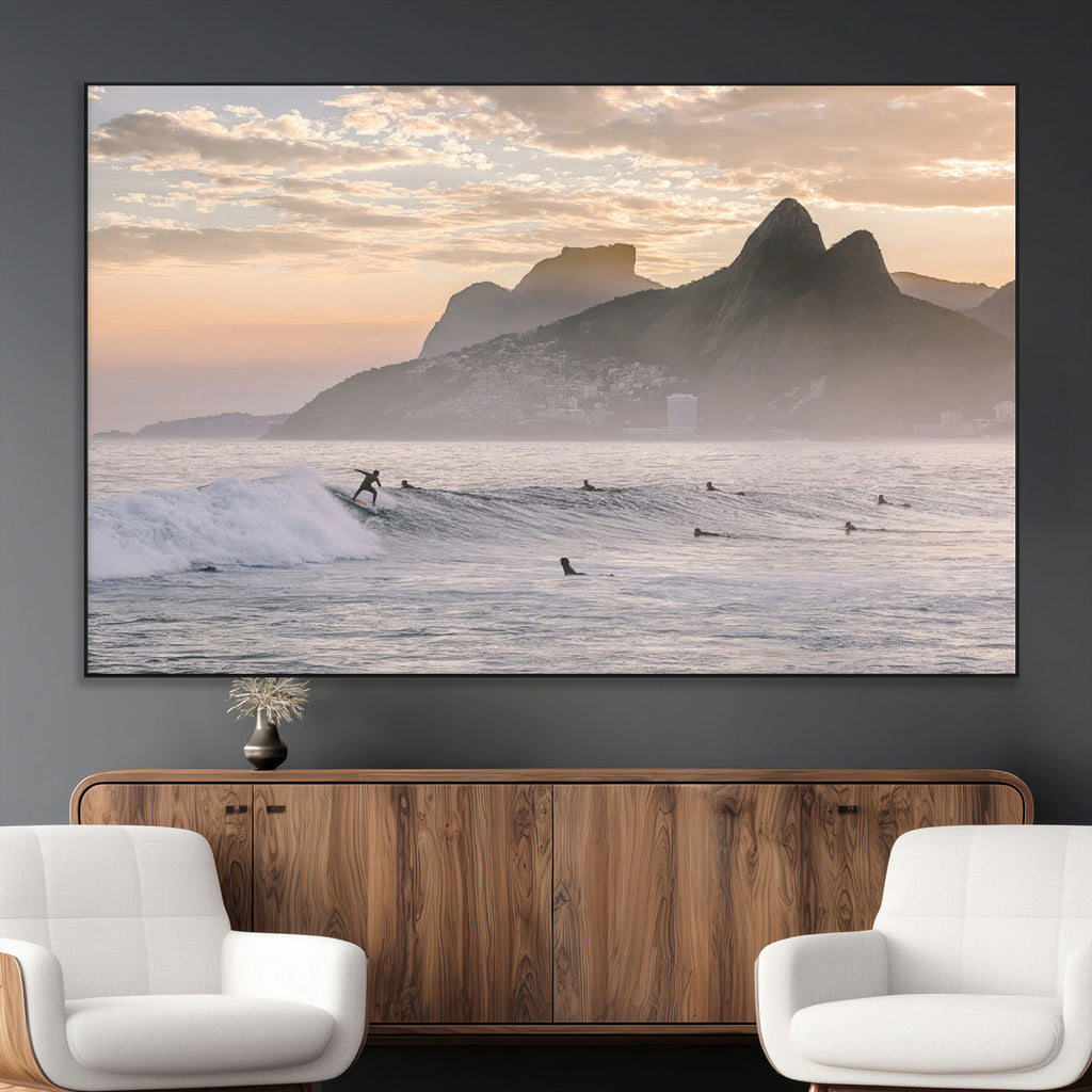 Sunset Surfing Wall Art Canvas Print, Framed Misty Mountains and Surfer Riding a Wave