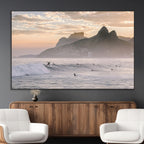 Sunset Surfing Wall Art Canvas Print, Framed Misty Mountains and Surfer Riding a Wave