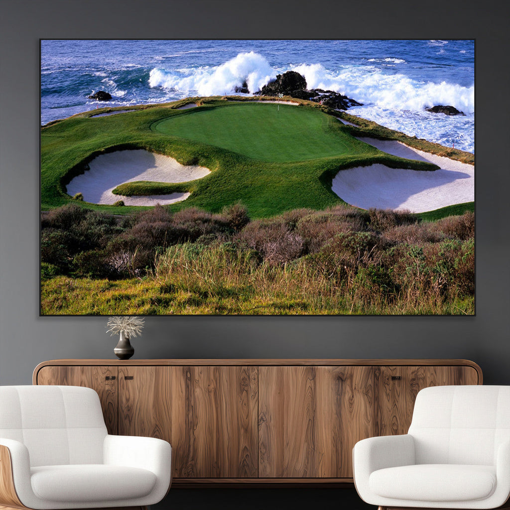 Ocean Cliff Golf Course Wall Art Canvas Print, Waves Crashing, Coastal Golf Landscape