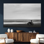 Motorcycle Beach Wall Art Canvas Print, Framed Vintage Biker Silhouette Artwork