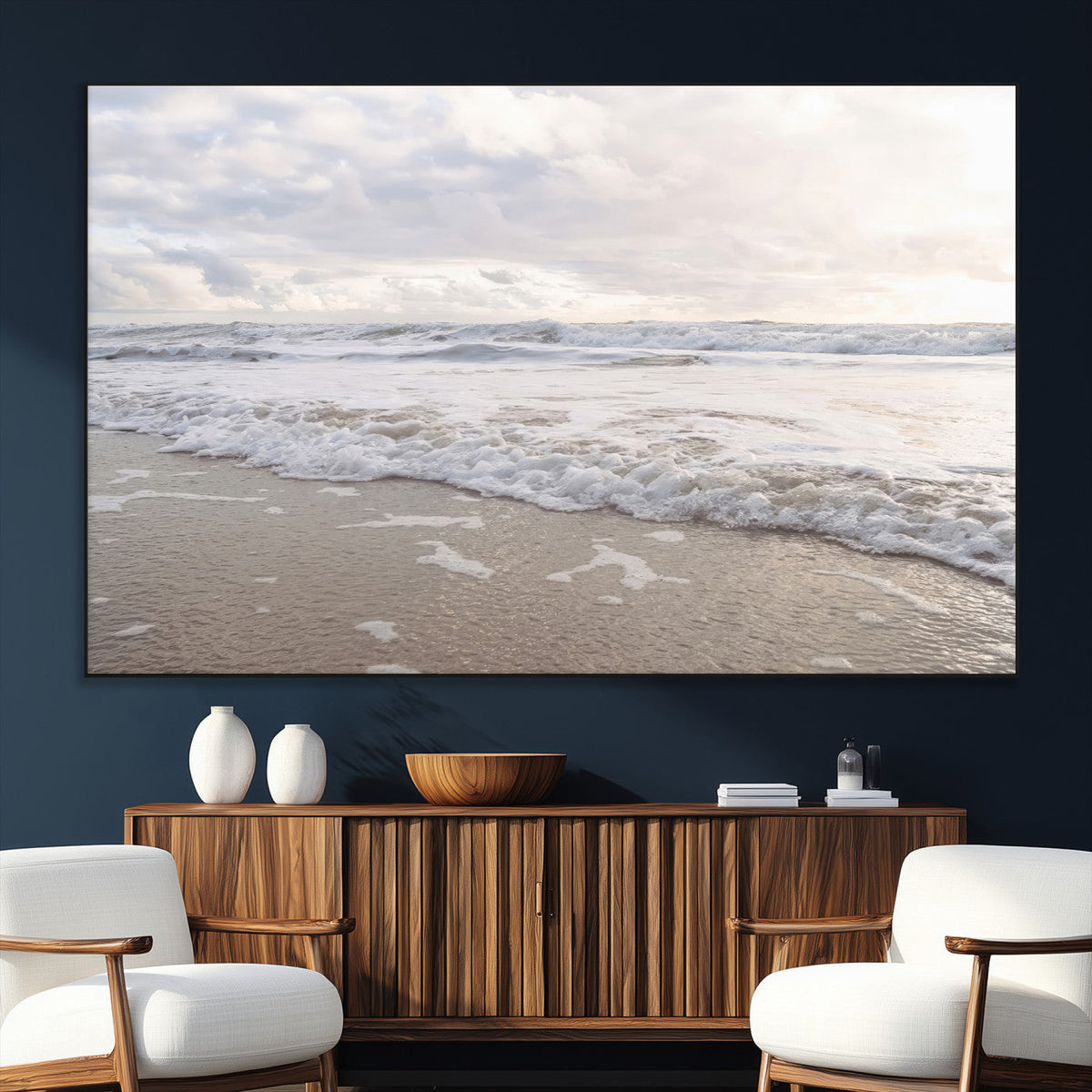 Ocean Waves Wall Art Canvas Print, Framed Coastal Shoreline Sea Foam Artwork