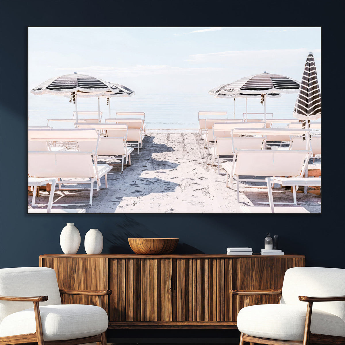 Minimalist Beach Wall Art Canvas Print, Framed Pastel Sand and Striped Umbrella Artwork