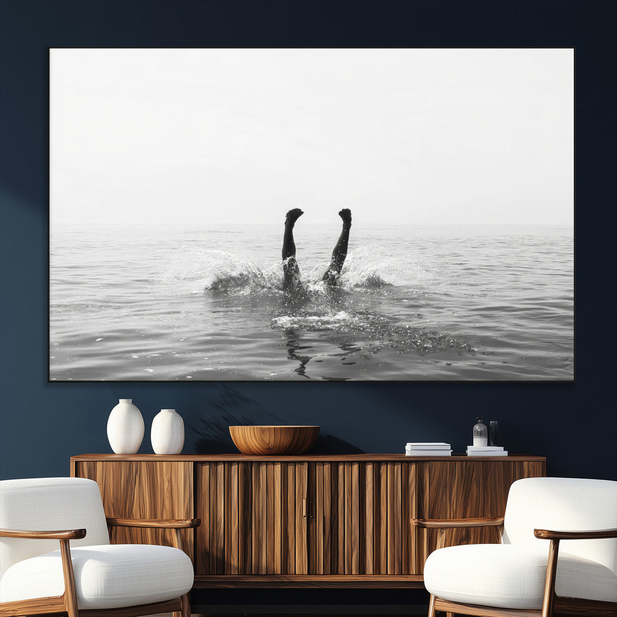 Black White Ocean Wall Art Canvas Print, Framed Monochrome Diving into Water Artwork