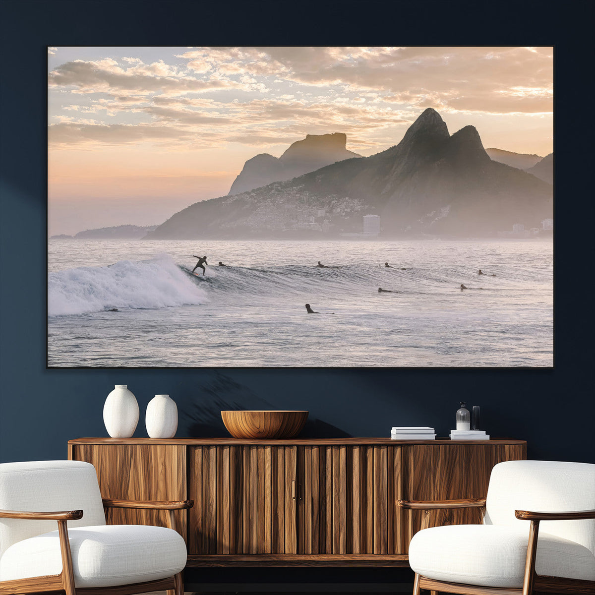 Sunset Surfing Wall Art Canvas Print, Framed Misty Mountains and Surfer Riding a Wave