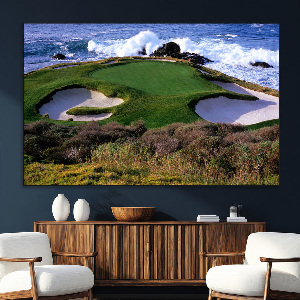 Ocean Cliff Golf Course Wall Art Canvas Print, Waves Crashing, Coastal Golf Landscape