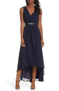 Eliza J Women's Sleeveless Wrap Front Gown with High-Low Skirt, Navy, 12