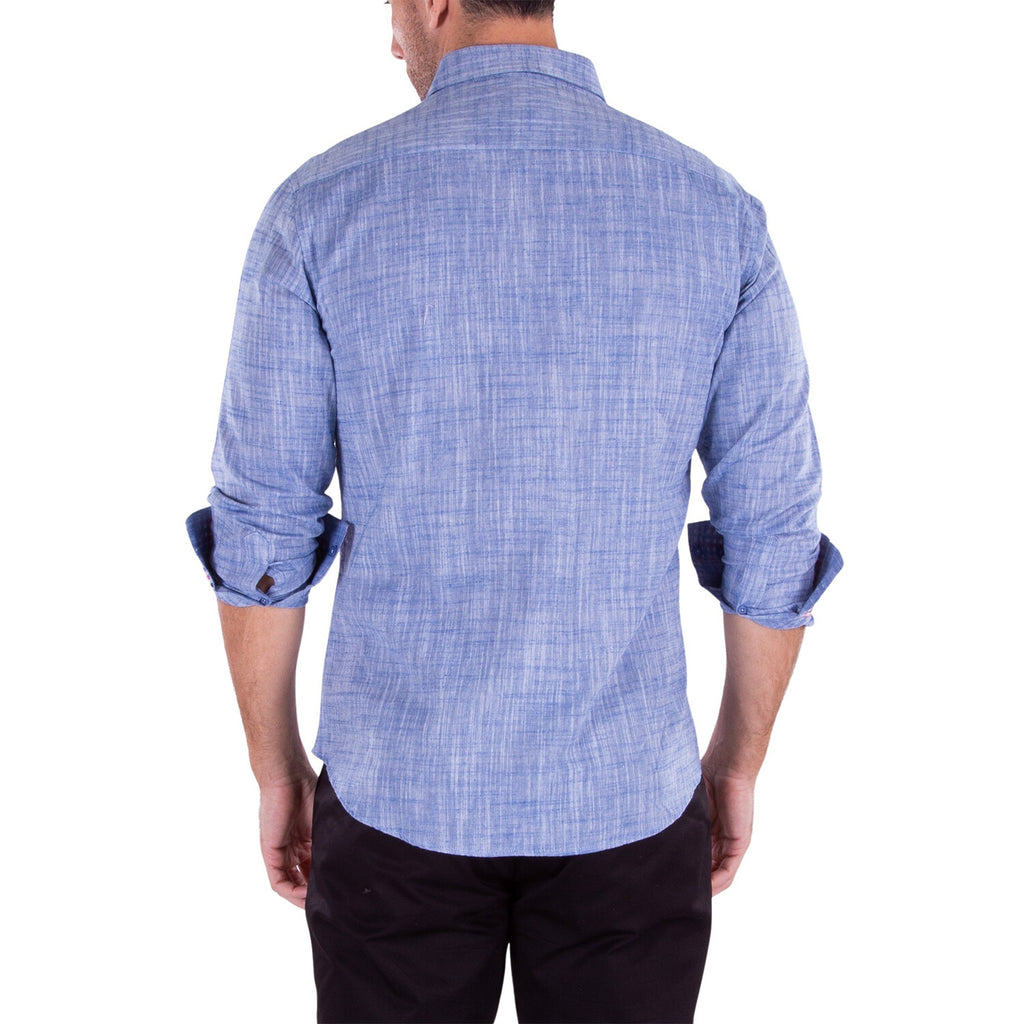 Linen Texture Contrast Cuff Long Sleeve Button-Up Shirt // Blue