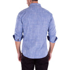 Linen Texture Contrast Cuff Long Sleeve Button-Up Shirt // Blue