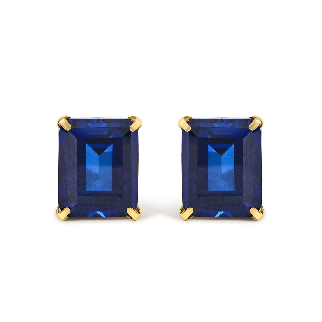 18K Yellow Gold 10x8 MM Lab Created Blue Sapphire Emerald Cut Solitaire Stud Earrings