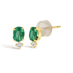 18K Yellow Gold Oval Green Emerald and Diamond Double Drop Stud Earrings