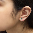 18K Yellow Gold Oval Green Emerald and Diamond Double Drop Stud Earrings