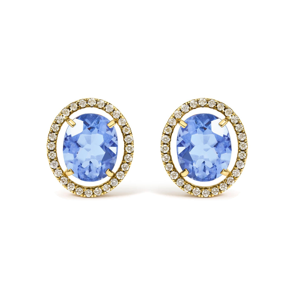 18K Yellow Gold 8X10 MM Blue Fluorite Oval and 1/2 Cttw Diamond Halo Stud Earrings