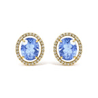 18K Yellow Gold 8X10 MM Blue Fluorite Oval and 1/2 Cttw Diamond Halo Stud Earrings
