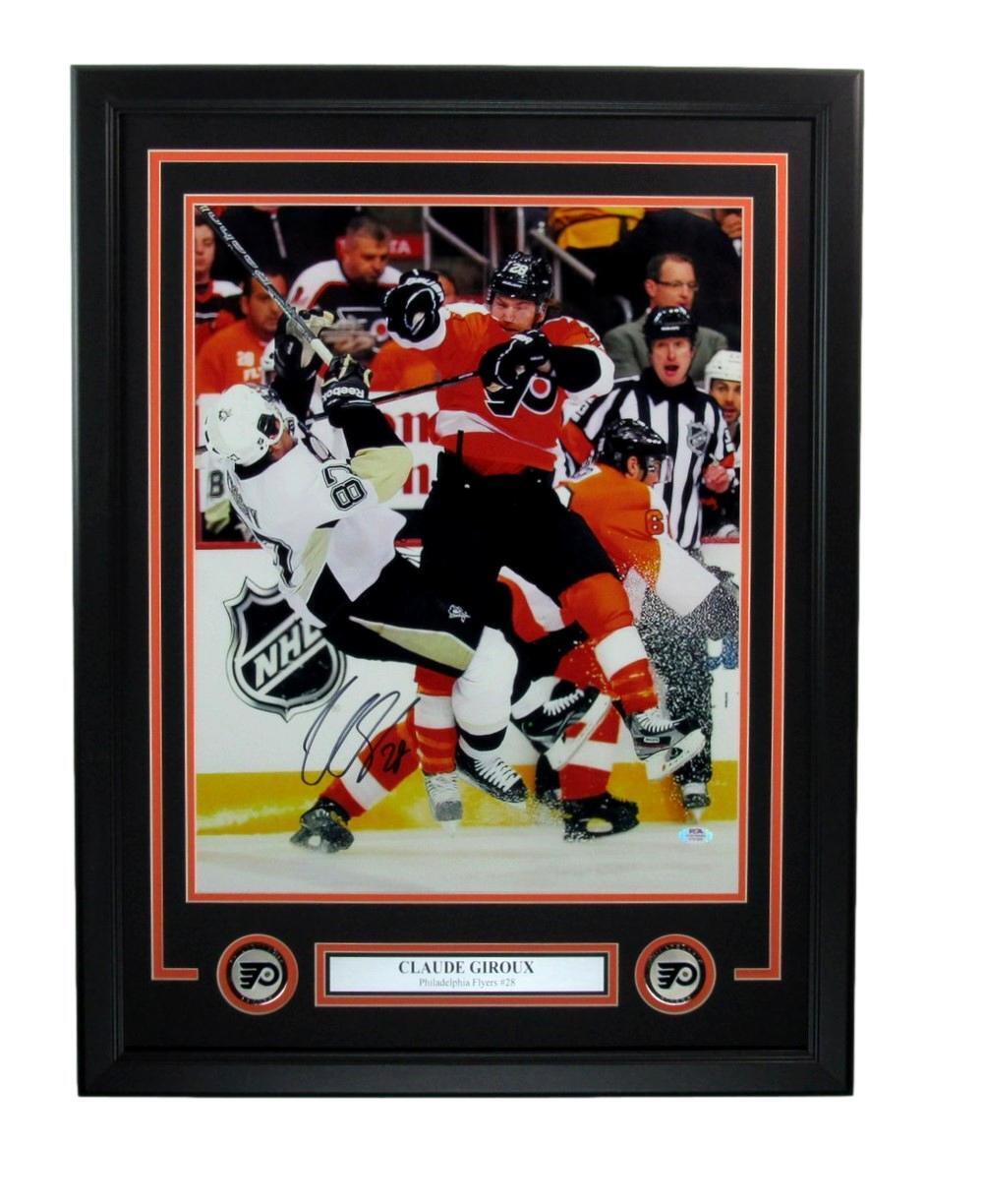 Claude Giroux Autographed 16x20 Photo Hit Sidney Crosby  Flyers Framed PSA/DNA