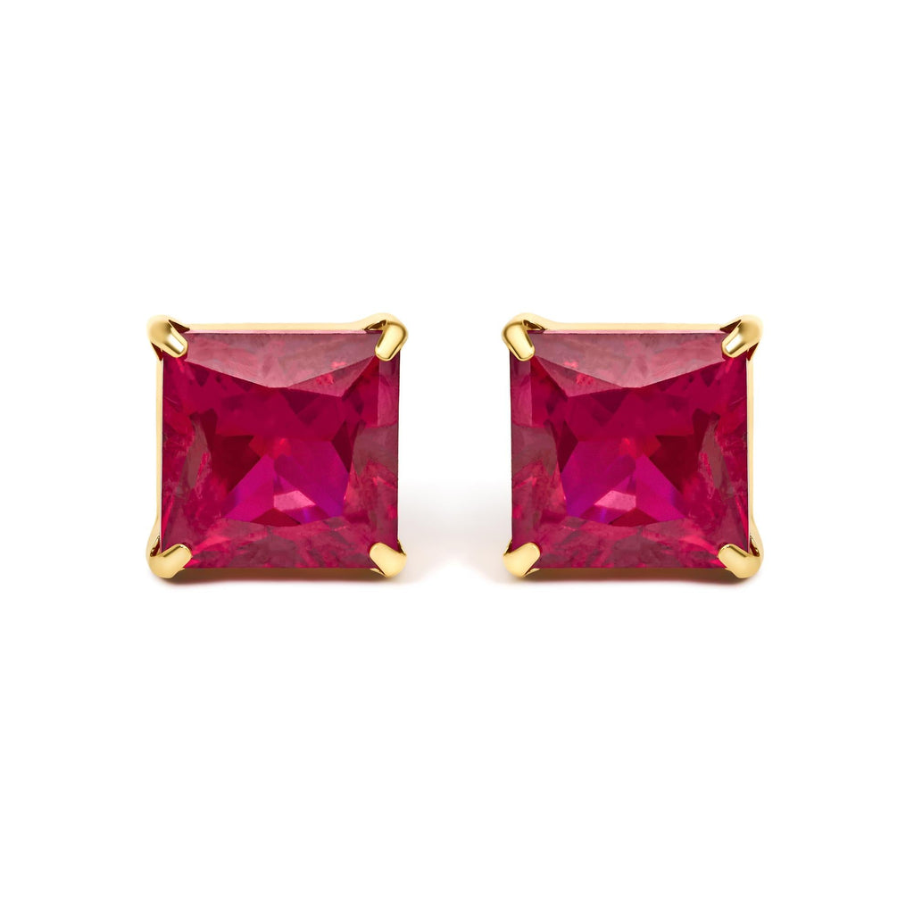 18K Yellow Gold 7x7 MM Created Red Ruby Princess Cut Solitaire Stud Earrings