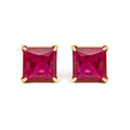 18K Yellow Gold 7x7 MM Created Red Ruby Princess Cut Solitaire Stud Earrings