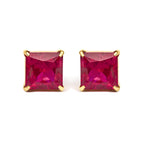 18K Yellow Gold 7x7 MM Created Red Ruby Princess Cut Solitaire Stud Earrings