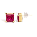 18K Yellow Gold 7x7 MM Created Red Ruby Princess Cut Solitaire Stud Earrings