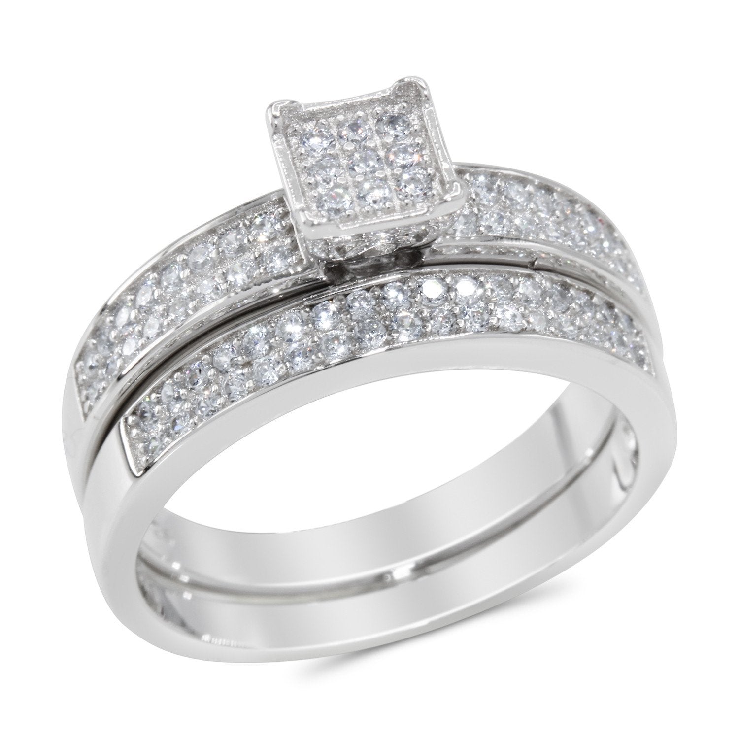 CZ 5mm Center Stone Sterling Silver Plated Crossover Halo Engagement Ring Set