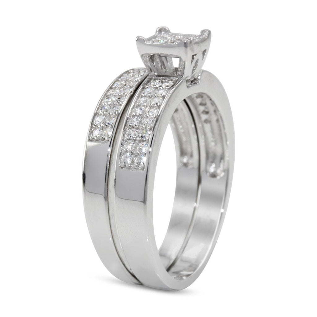 CZ 5mm Center Stone Sterling Silver Plated Crossover Halo Engagement Ring Set