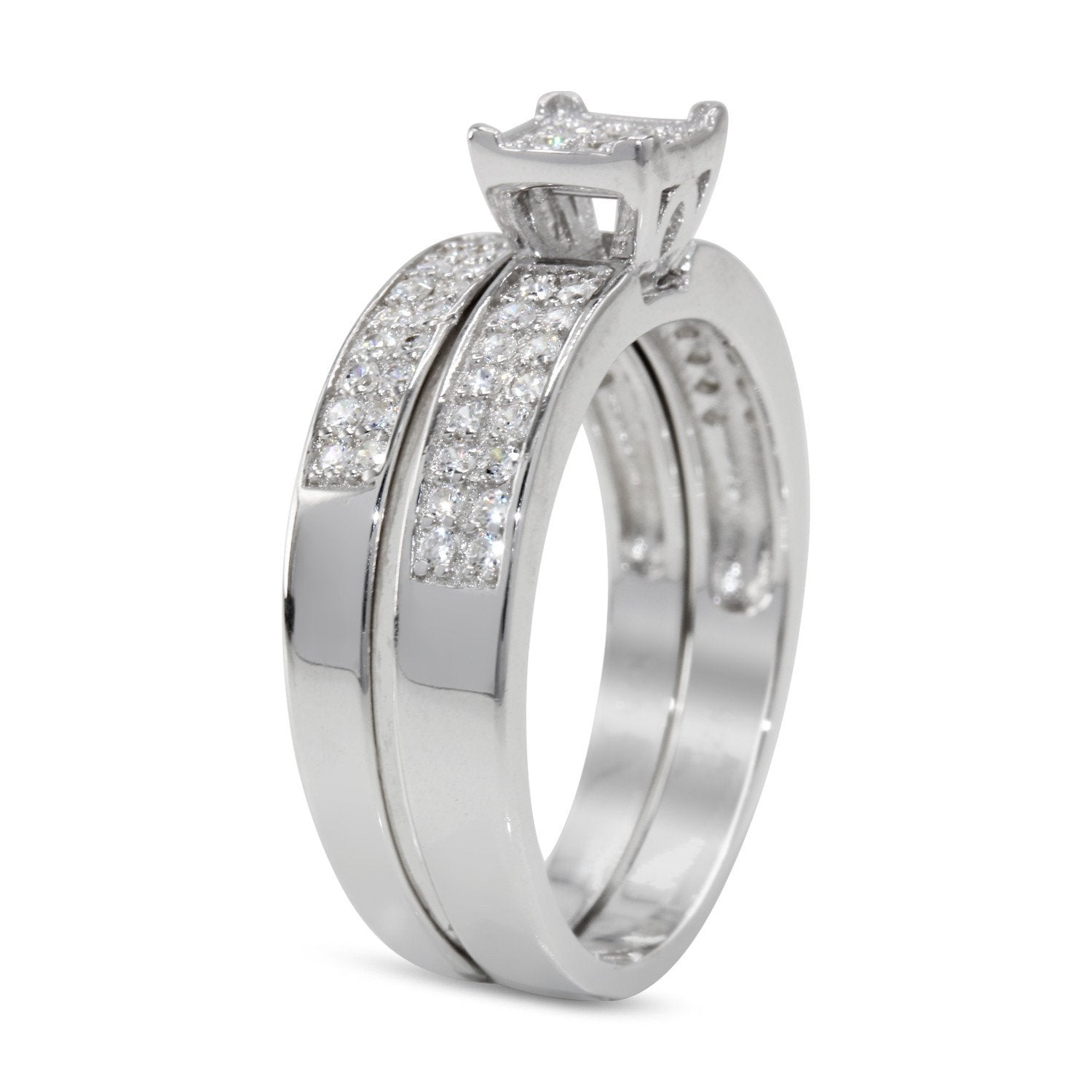 CZ 5mm Center Stone Sterling Silver Plated Crossover Halo Engagement Ring Set