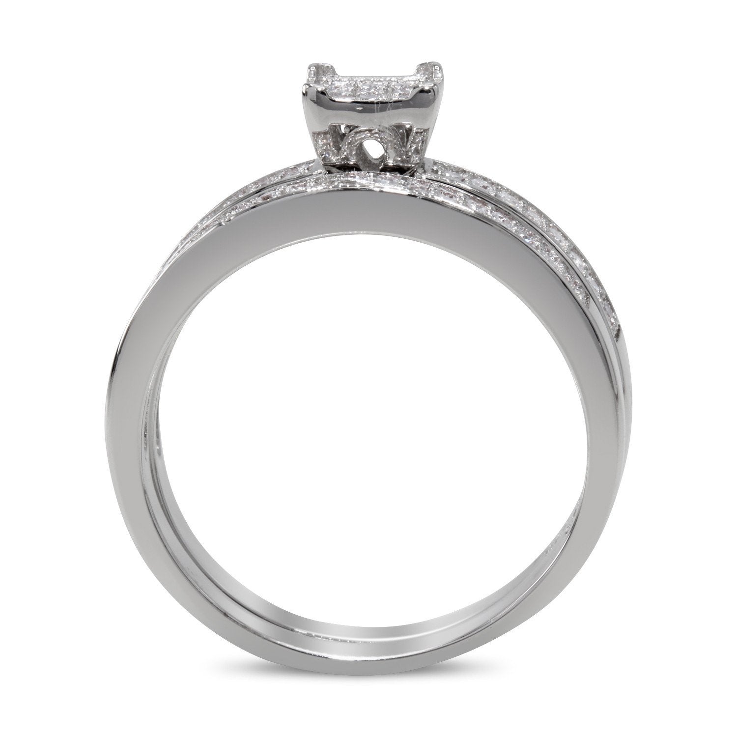 CZ 5mm Center Stone Sterling Silver Plated Crossover Halo Engagement Ring Set