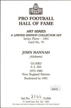 John Hannah HOF Autographed/Inscr Goal Line Art GLAC Postcard Patriots JSA
