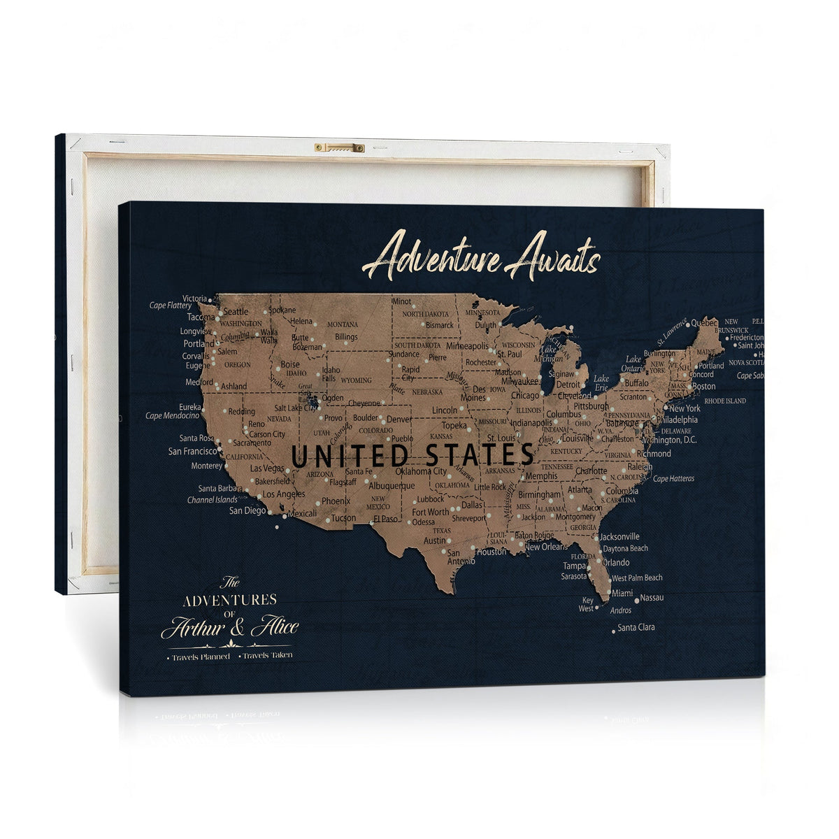 Personalized Navy Push Pin USA Map Canvas Print, 50 States Road Trip Tracker, Study and Entryway Decor