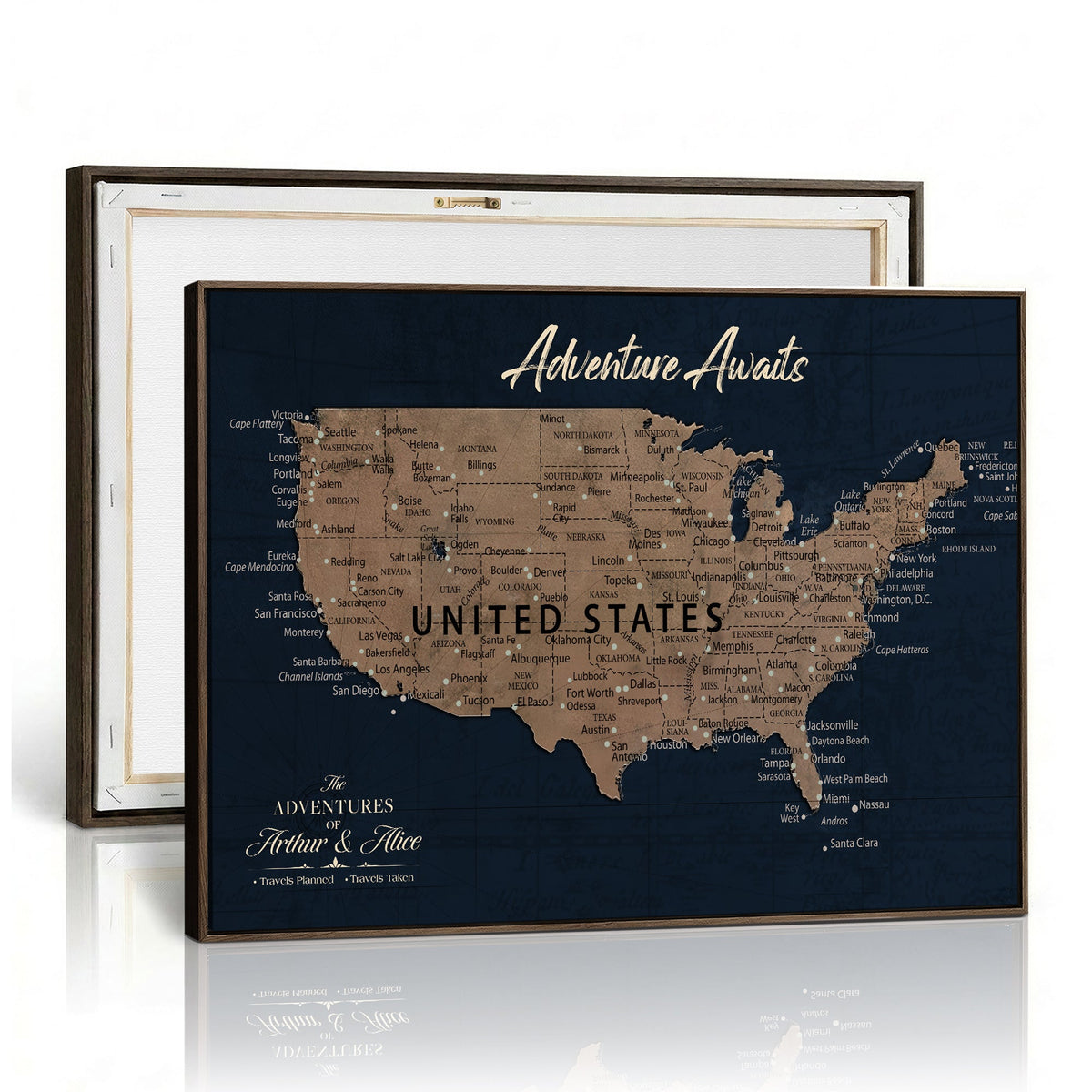 Personalized Navy Push Pin USA Map Canvas Print, 50 States Road Trip Tracker, Study and Entryway Decor