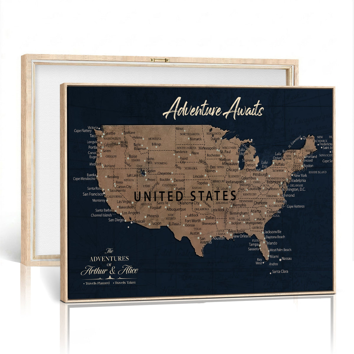 Personalized Navy Push Pin USA Map Canvas Print, 50 States Road Trip Tracker, Study and Entryway Decor