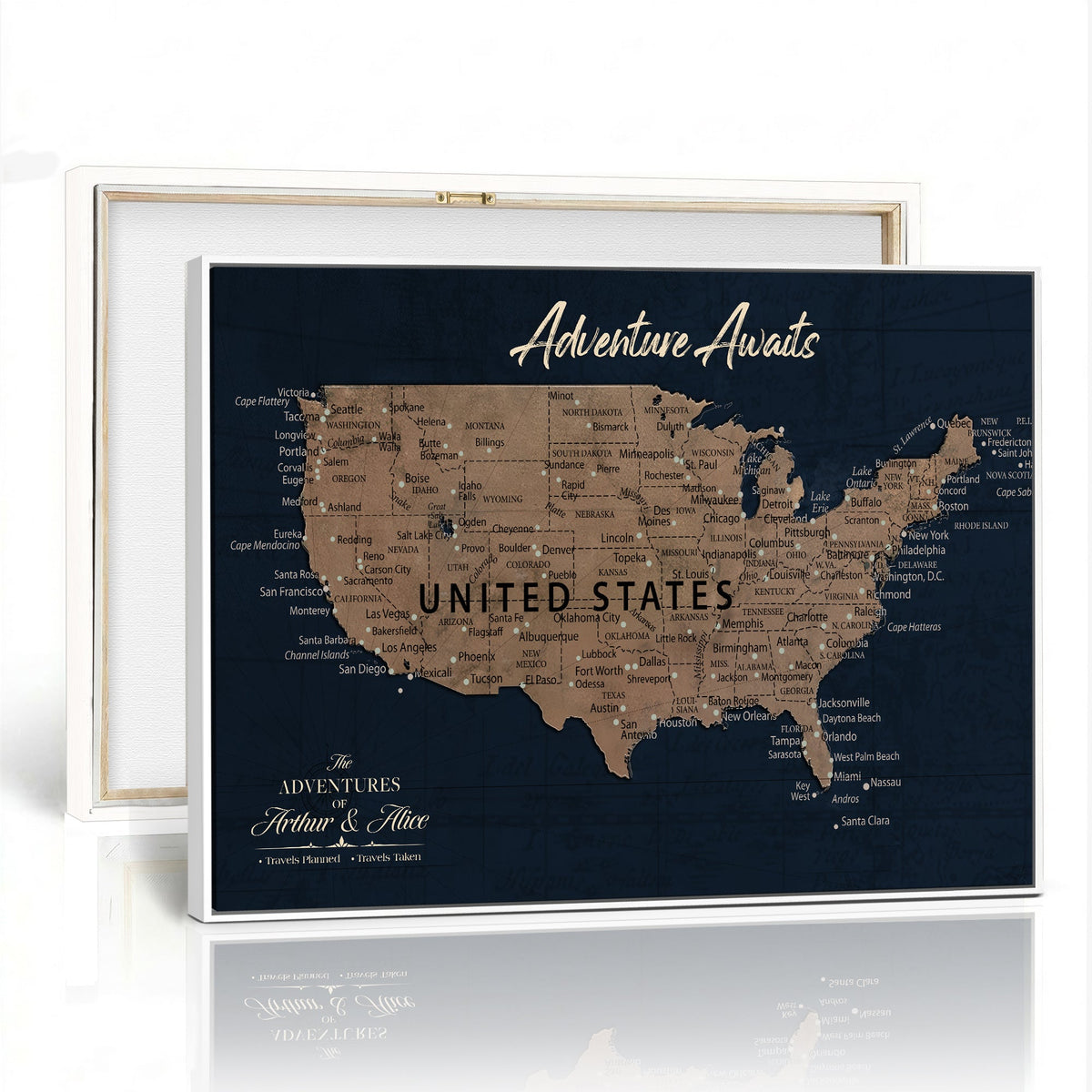 Personalized Navy Push Pin USA Map Canvas Print, 50 States Road Trip Tracker, Study and Entryway Decor
