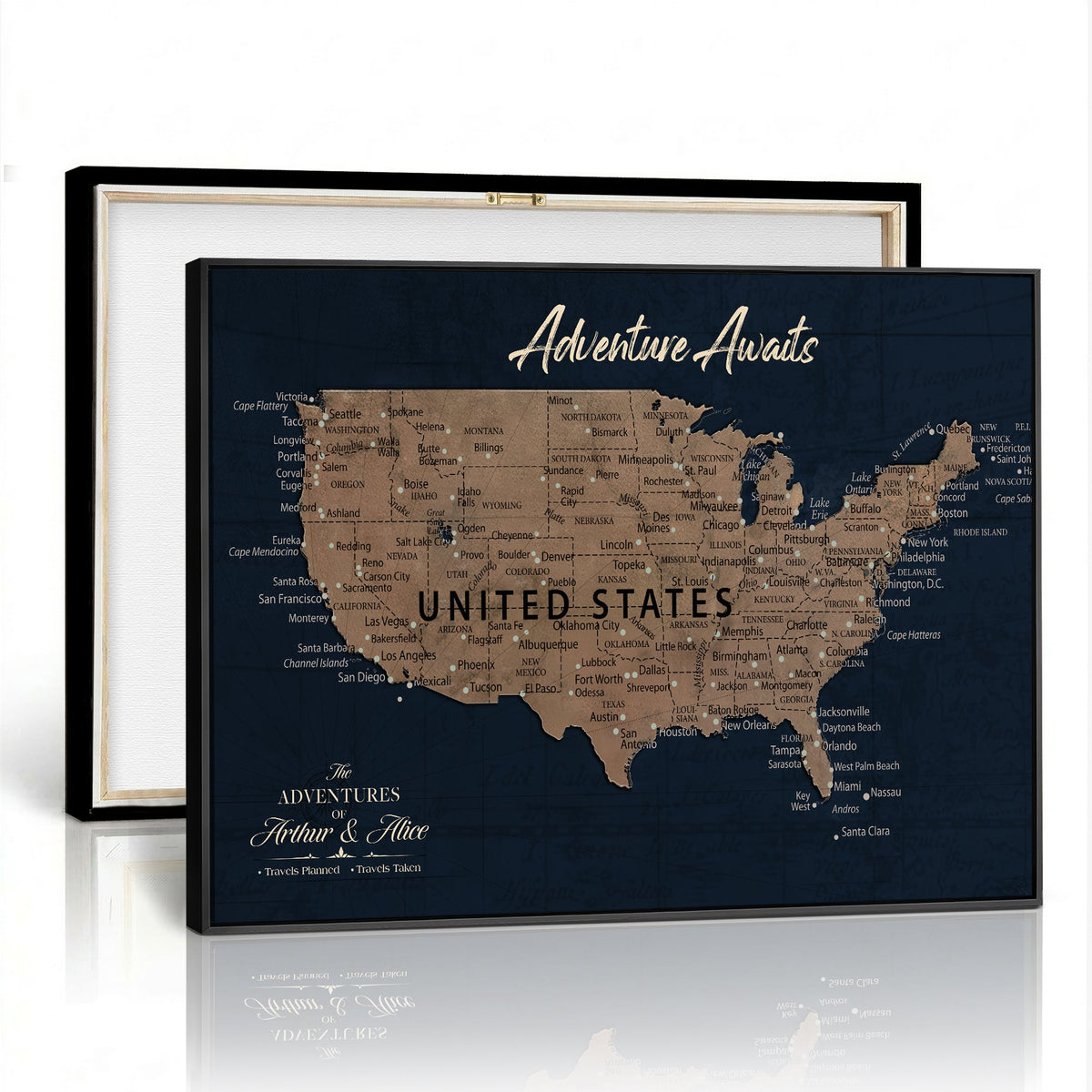 Personalized Navy Push Pin USA Map Canvas Print, 50 States Road Trip Tracker, Study and Entryway Decor