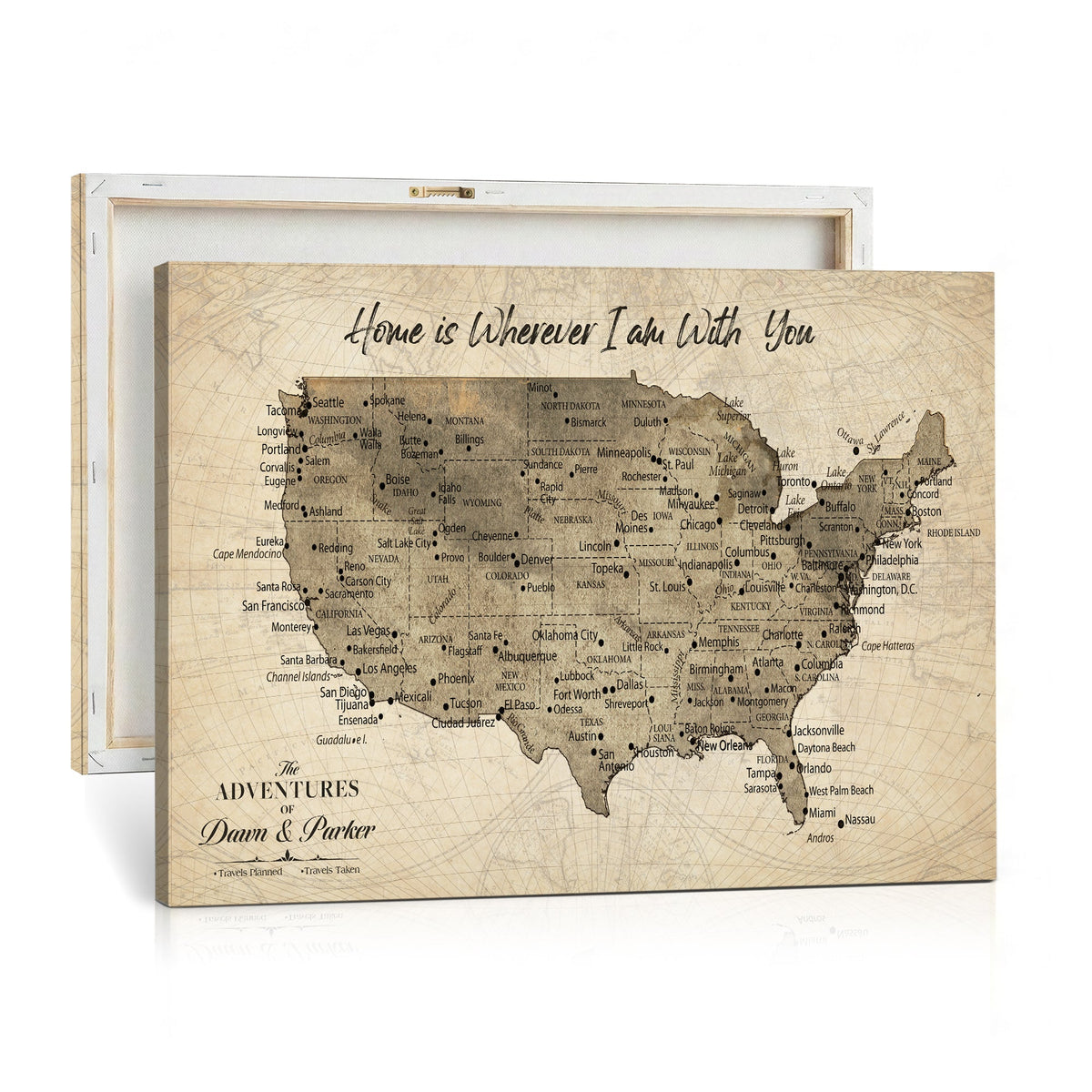 Personalized Beige USA Travel Map Canvas with Push Pins, Road Trip Route Map, Study and Entryway Decor