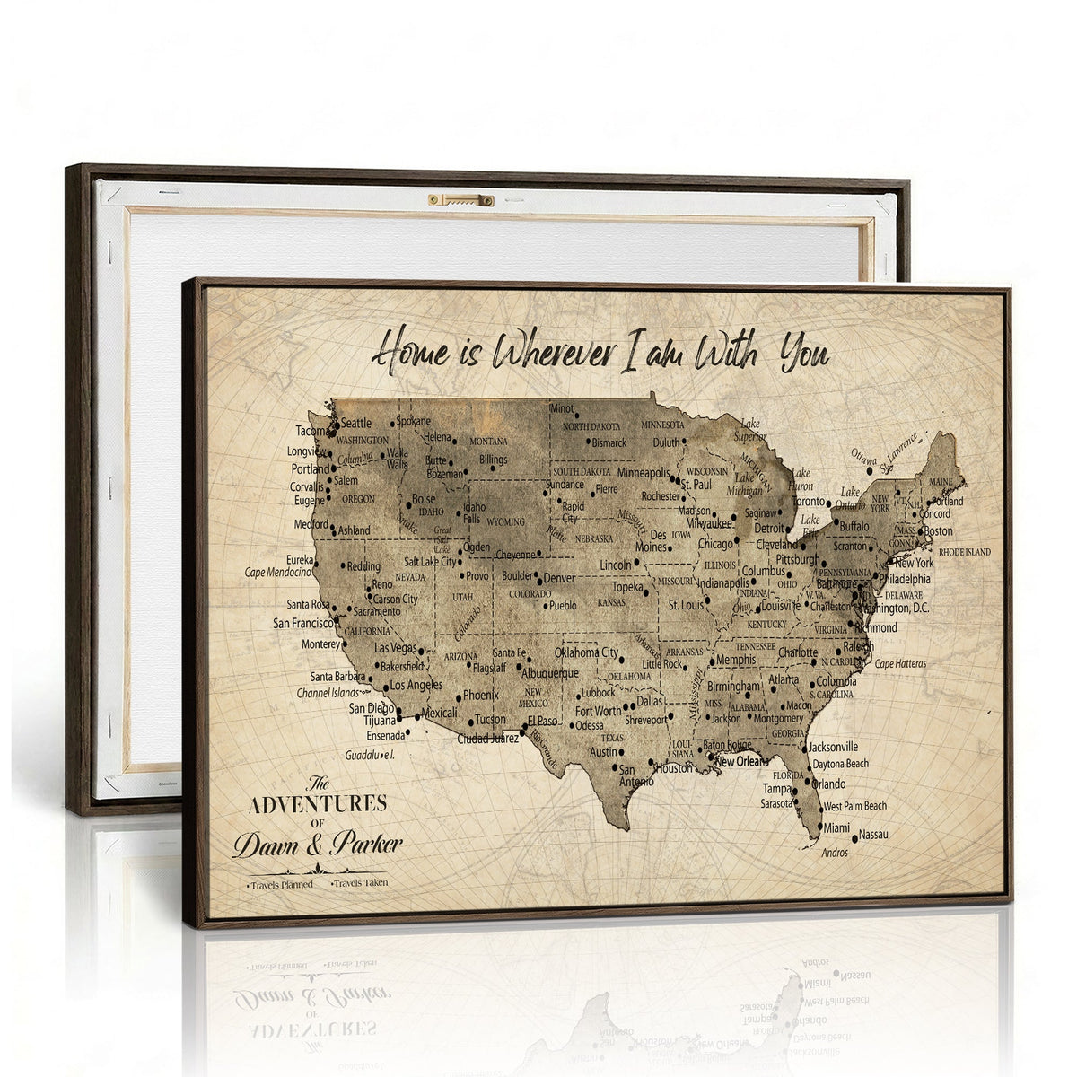 Personalized Beige USA Travel Map Canvas with Push Pins, Road Trip Route Map, Study and Entryway Decor