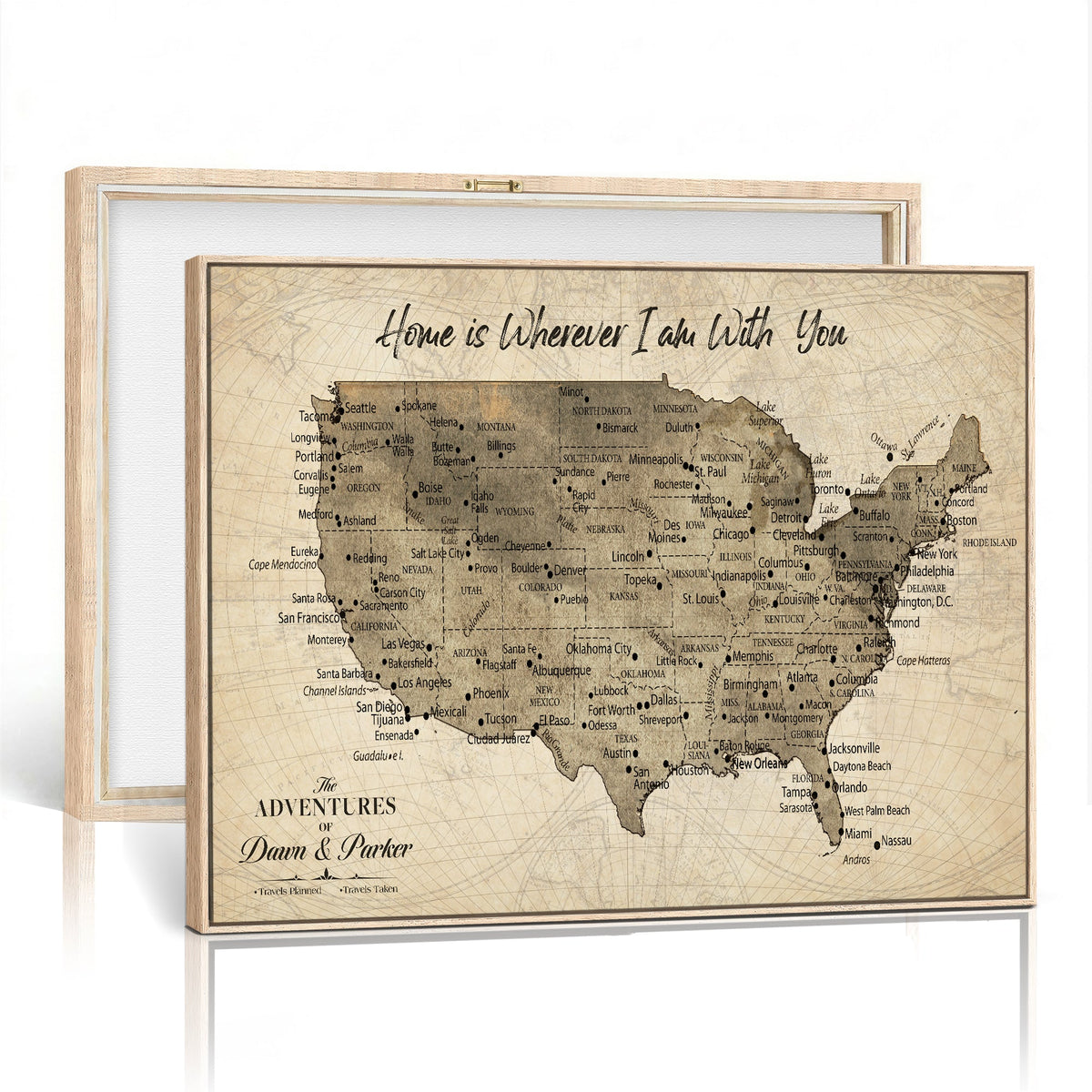 Personalized Beige USA Travel Map Canvas with Push Pins, Road Trip Route Map, Study and Entryway Decor