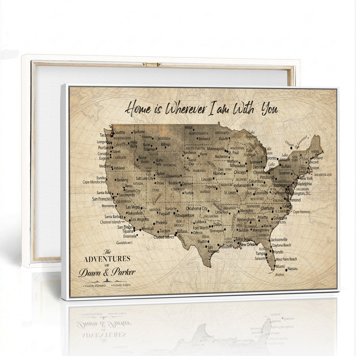 Personalized Beige USA Travel Map Canvas with Push Pins, Road Trip Route Map, Study and Entryway Decor