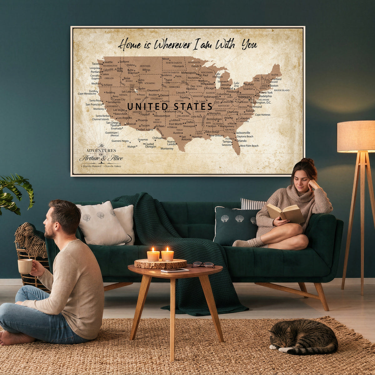 Custom Beige Push Pin USA Map Canvas Print, 50 States Road Trip Tracker, Home Office and Den Decor
