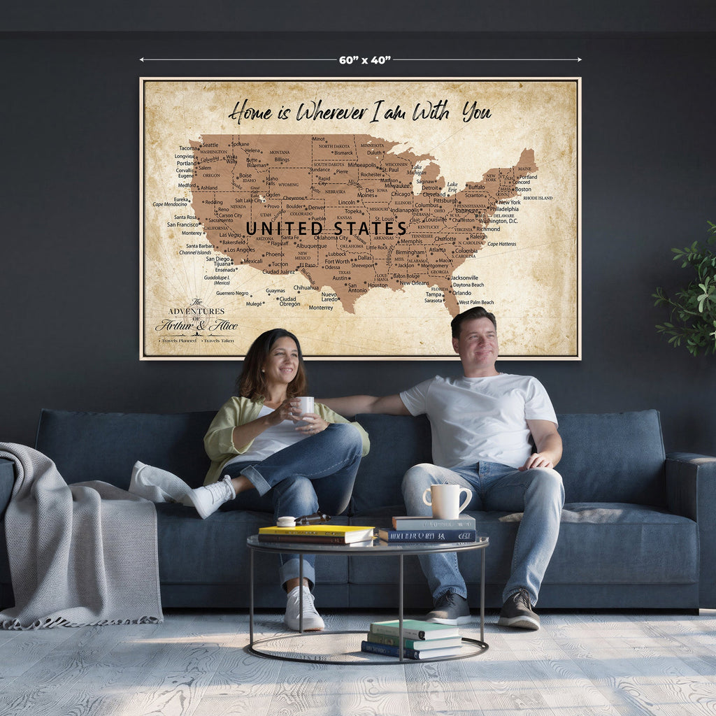 Custom Beige Push Pin USA Map Canvas Print, 50 States Road Trip Tracker, Home Office and Den Decor